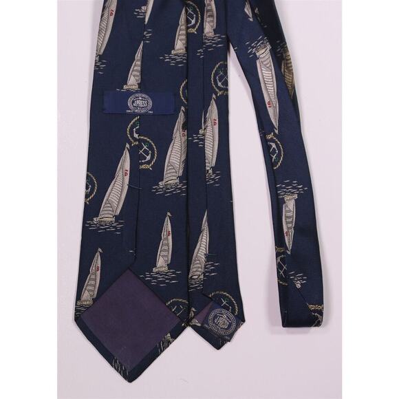 J. Press Navy Blue Sailboat Theme Jacquard Silk Necktie Tie - Picture 4 of 6